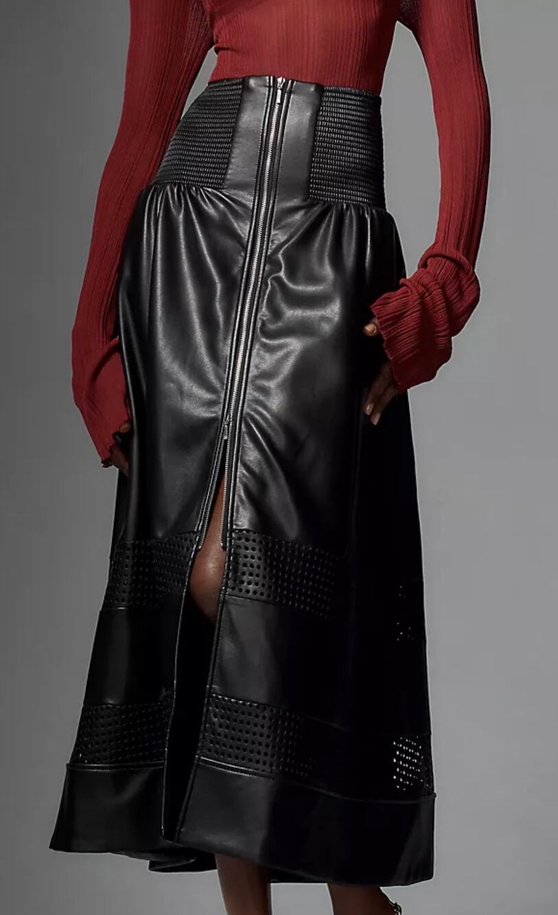 Anthropologie Maeve Tommie Faux Leather Laser-Cut Zip-Front Midi Skirt Sz Small